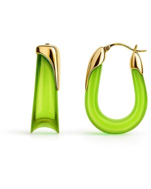 Gold & Honey Peridot Sculpted U Lucite Birthstone Hoop Earrings - Green