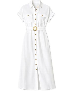 Yumi' Viscose Linen Look Midi Shirt Dress With Wooden Belt - White
