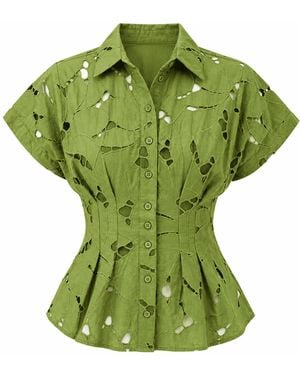 Exquise Adalene Shirt Collar Short Sleeve Eyelet Shirt - Green