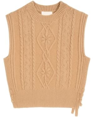 Yumi' Camel Flower Cable Knit Tie Side Pullover - Natural