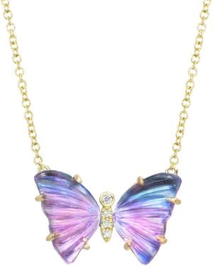 KAMARIA Cat Eye Amethyst Pearl Diamond Butterfly Necklace With Prongs - Purple