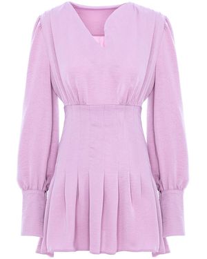 BLUZAT Powder Mini Dress With Pleats And Asymmetrical Cut Neck - Purple