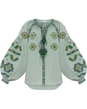 Annabo Rombé Geometric Embroidered Linen Blouse – - Green