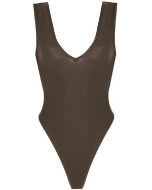 No'design V-Neck Thick Strap Khaki Bodysuit - Brown