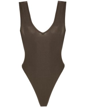 No'design V-Neck Thick Strap Khaki Bodysuit - Brown