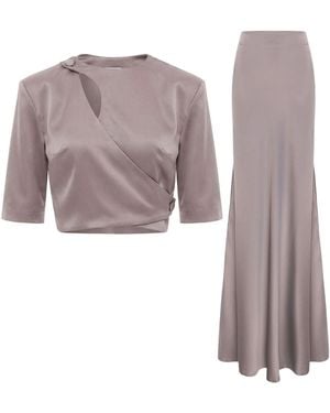 BLUZAT Elegant Set – Blouse With Decorative Cut-Out And Long Skirt - Purple