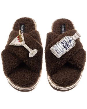 Laines London Neutrals Laines Neutral Boucle Slippers With Vodka Martini Brooches - Brown