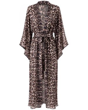 LOVEIST STORE Leopard Print Silky Satin Kimono - Brown