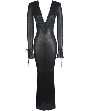 Miss Circle New York Ilysia V-Neck Plunge Snakeskin Mermaid Hem Maxi Dress - Black