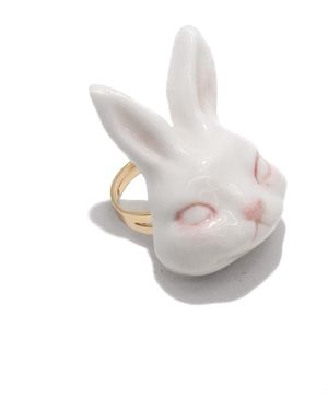 H2 Studio Grumpy Bunny Porcelain 14K Plated Brass Ring - White