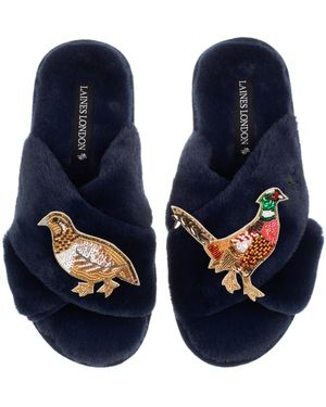 Laines London Classic Laines Slippers With Pheasant & Hen Brooches - Blue