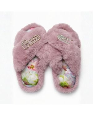 Yomisma Faux Fur + Blessed & Angel Wing Removable Rhinestone Brooches Embellishment + Custom Silk Insole - Pink