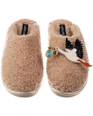 Laines London Neutrals Toffee Teddy Closed Toe Slippers With Baby Boy Stork Brooches - Natural