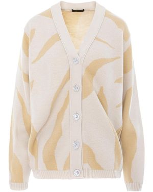 concept A trois Neutrals Cream& Printed Cardigan With V Neckline, Knitted, With Crystal Buttons - Natural