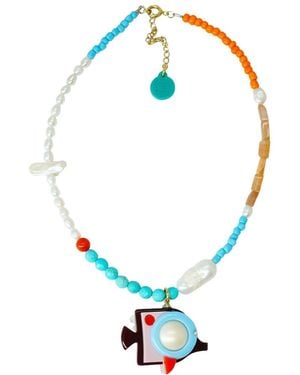 Gissa Bicalho Handmade Necklace Bead And Angel Fish Pendant Burgundy - Blue