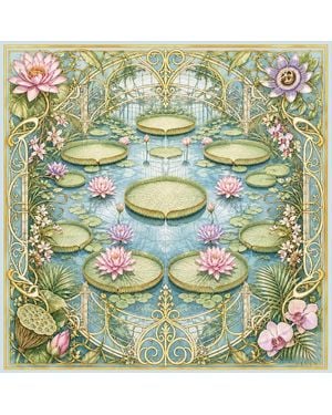 Silk and Bears Waterlily House Silk Twill Scarf – Printed Mulberry Silk, Botanical Gift For Her - Green