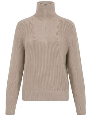 Paul James Knitwear Neutrals Midweight Cotton Caitlyn Troyer Zip Neck Ribbed Jumper - Grey