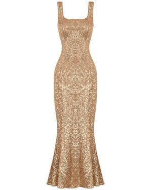 Elsava Golden Sequin Tie Back Midi Dress - Natural
