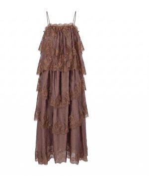 Modenaire Sleeveless Lace Tiered Maxi Dress With Leaf-Edge Hem - Brown