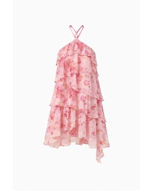 Curated Row Floral Halter Ruffle Chiffon Dress - Pink