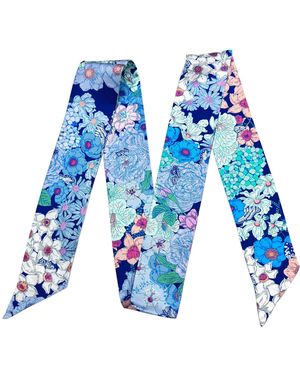 Wenzi Mulberry Silk Ribbon Scarf, Long Skinny Scarf, Hair Scarf, Purse Scarf, Butterfly Nocturne - Blue