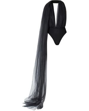 LIA ARAM Tulle Bodysuit With Oversized Scarf - Black