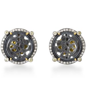 Artisan Carved Jade 18k Gold Pave Diamond Round Shape Stud Earrings Gold Silver - Metallic