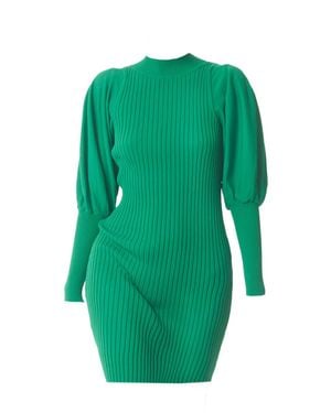 Sour Figs Funnel Neck Puff Sleeve Knit Dress - Green