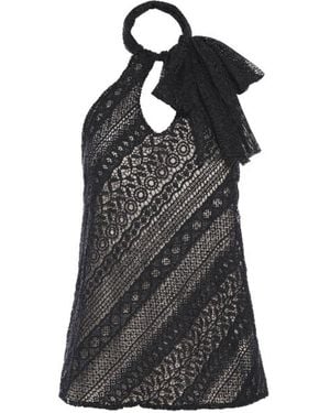 LAHIVE Indie Polka Dot Mesh Tie Halter Top - Black