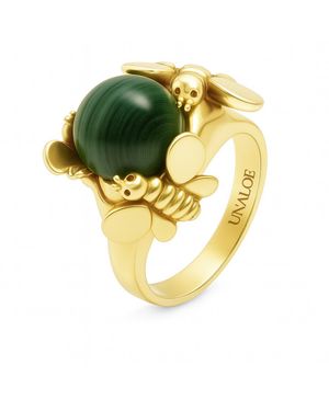 Unaloe Plated Malachite Statement Ring – Natural Gemstone Luxury Ring For Handmade Artisan Jewellery - Yellow