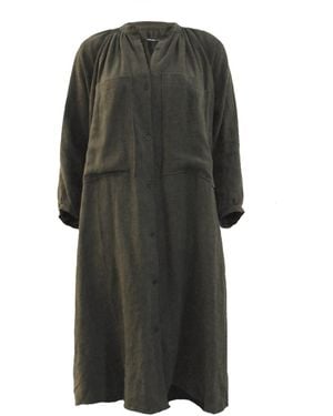 Joeleen Torvick Gathered Linen Midi Shirt Dress - Green