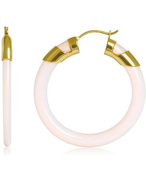 Gold & Honey Pearl Classic Flat Lucite Birthstone Hoop Earrings - Metallic