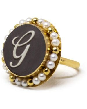Vintouch Italy Gold Vermeil Black Cameo Pearl Ring Initial G - Metallic