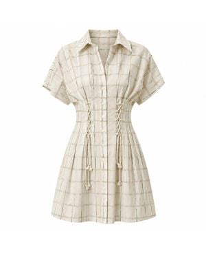 Exquise Alberge Short Sleeve Tie Waist Plaid Mini Dress - Natural