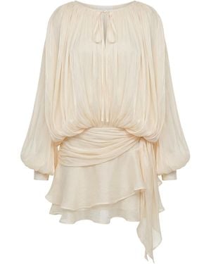 Cy Boutique Neutrals Silky Satin Feeling Cape Sleeves Design Short Dress - Natural