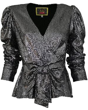 Lalipop Design Dark Silver Sequin Blouse With Peplum Hem - Black