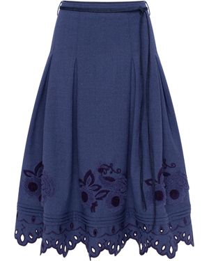 Annabo Midnight Mirage Embroidered Wool Midi Skirt - Blue