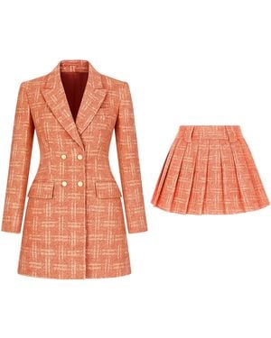 Richa Sharma Neutrals Luxury Handcrafted Co-Ord Set – Double-Breasted Blazer And Pleated Mini Skirt - Orange
