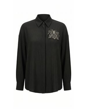Exquise Collared Long Sleeve Embroidered Crinkle Shirt - Black