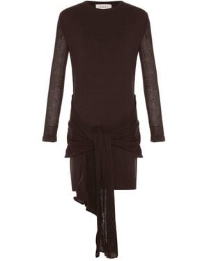 Theo the Label Nomia Sheer Sleeve Draped Front Dress - Brown