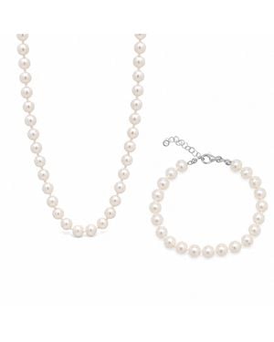 Spero London Large Natural Freshwater Real Pearl Strand Necklace & Bracelet Set - Metallic