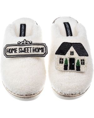 Laines London Neutrals Teddy Closed Toe Slippers With Home Sweet Home Brooches - White