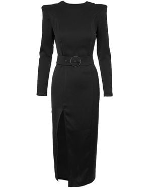 BLUZAT Midi Dress With Overized Shoulders And Slit - Black