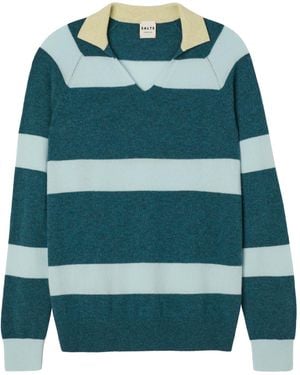 Salts Cashmere Split Neck Polo Stripe Jumper - Green