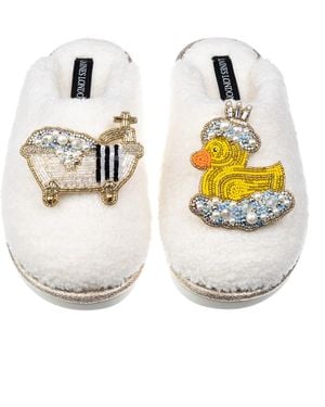 Laines London Neutrals Teddy Closed Toe Slippers With Rubber Duck Bath Queen Brooches - Metallic