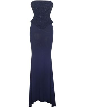 Miss Circle New York Orabelle Beaded Peplum Mermaid Maxi Gown With Lace-Up Back - Blue