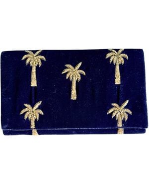 Pick Happy Velvet Mini Clutch Bag With Beaded Palm Trees - Blue