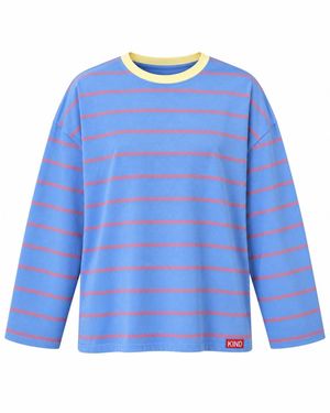 Mind Traveler Light Striped Míriam Long Sleeve Top With Contrast Neck - Blue