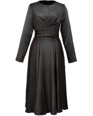 Smart and Joy Flared Printed Satin Dress With Side Knotted Panel - Black