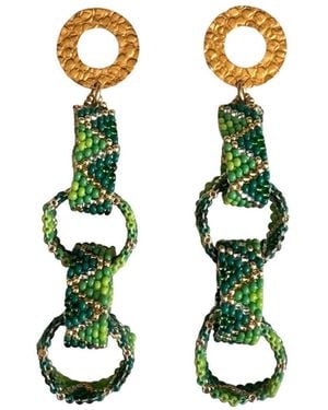 Iliana Arrazola Bold Chunky Link, Dangle Earrings, Glass Beads, Beaded Jewellery - Green